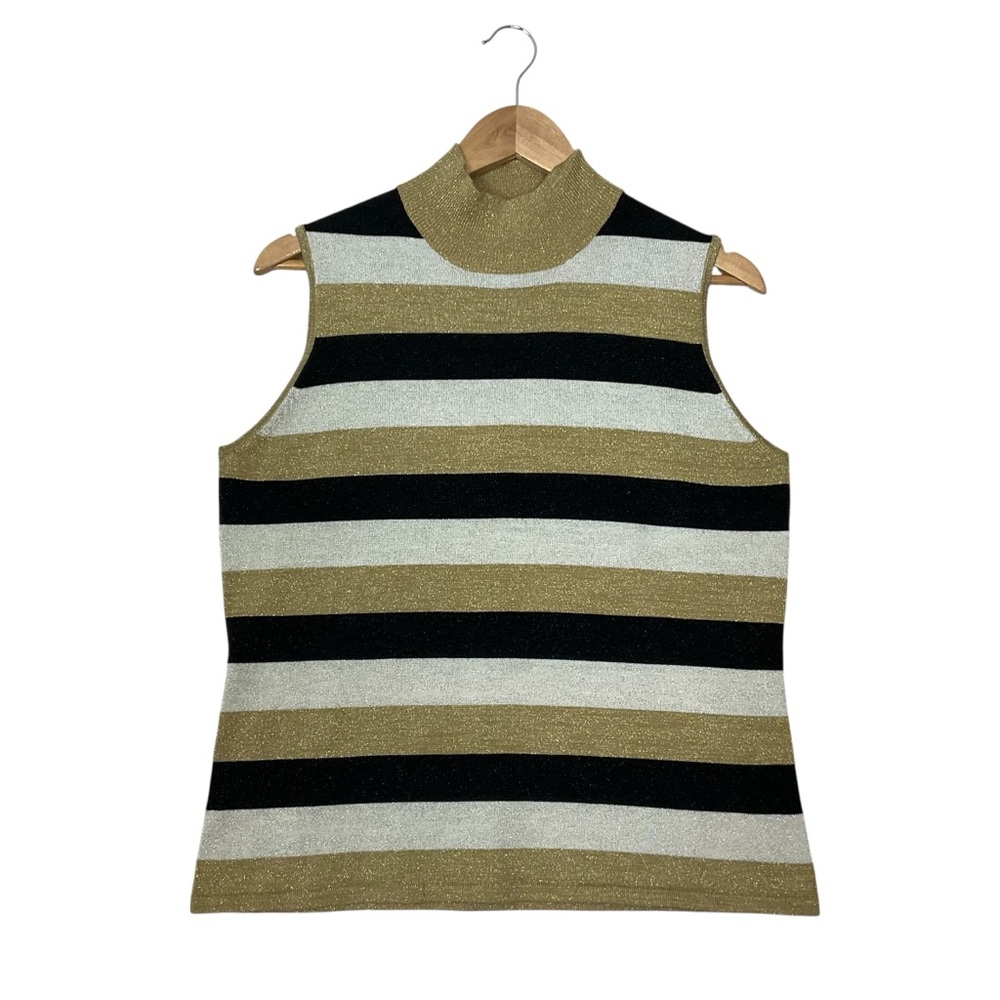 retro vtg Mock Neck Sleeveless Top Metallic Stripes Black Gold Cream Hong Kong